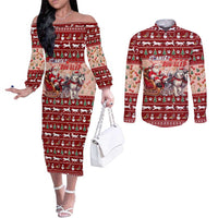 Dog Sled Christmas Couples Matching Off The Shoulder Long Sleeve Dress and Long Sleeve Button Shirt Husky Sleigh Ride Design - Polynesian Pride
