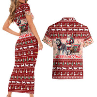 Dog Sled Christmas Couples Matching Short Sleeve Bodycon Dress and Hawaiian Shirt Husky Sleigh Ride Design - Polynesian Pride