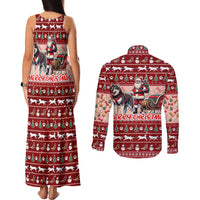 Dog Sled Christmas Couples Matching Tank Maxi Dress and Long Sleeve Button Shirt Husky Sleigh Ride Design - Polynesian Pride