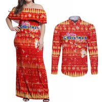 Merry Christmas Hawaii Couples Matching Off Shoulder Maxi Dress and Long Sleeve Button Shirt Xmas Travel Map DT02 Red - Polynesian Pride