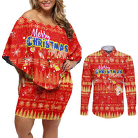 Merry Christmas Hawaii Couples Matching Off Shoulder Short Dress and Long Sleeve Button Shirt Xmas Travel Map DT02 Red - Polynesian Pride