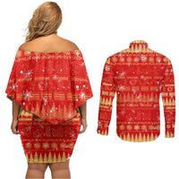 Merry Christmas Hawaii Couples Matching Off Shoulder Short Dress and Long Sleeve Button Shirt Xmas Travel Map DT02 - Polynesian Pride