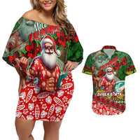 Mele Kalikimaka Shaka Santa Couples Matching Off Shoulder Short Dress and Hawaiian Shirt Hawaiian Surf Christmas Design with Aloha Spirit - Polynesian Pride