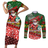 Mele Kalikimaka Shaka Santa Couples Matching Short Sleeve Bodycon Dress and Long Sleeve Button Shirt Hawaiian Surf Christmas Design with Aloha Spirit - Polynesian Pride