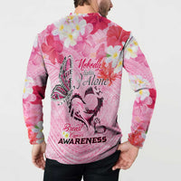 Butterfly Polynesia Breast Cancer Button Sweatshirt Nobody Fights Alone Pink Out Tropical Hibiscus