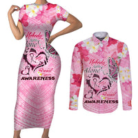 Butterfly Polynesia Breast Cancer Couples Matching Short Sleeve Bodycon Dress and Long Sleeve Button Shirt Nobody Fights Alone Pink Out Tropical Hibiscus