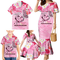 Butterfly Polynesia Breast Cancer Family Matching Mermaid Dress and Hawaiian Shirt Nobody Fights Alone Pink Out Tropical Hibiscus