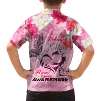 Butterfly Polynesia Breast Cancer Family Matching Off The Shoulder Long Sleeve Dress and Hawaiian Shirt Nobody Fights Alone Pink Out Tropical Hibiscus
