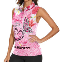 Butterfly Polynesia Breast Cancer Women Sleeveless Polo Shirt Nobody Fights Alone Pink Out Tropical Hibiscus