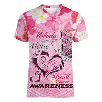 Butterfly Polynesia Breast Cancer Women V-Neck T-Shirt Nobody Fights Alone Pink Out Tropical Hibiscus