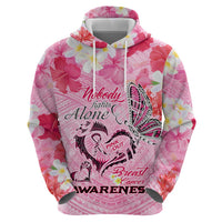 Butterfly Polynesia Breast Cancer Zip Hoodie Nobody Fights Alone Pink Out Tropical Hibiscus