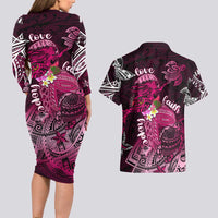 Breast Cancer Mermaid Polynesia Couples Matching Long Sleeve Bodycon Dress and Hawaiian Shirt Faith Hope Love