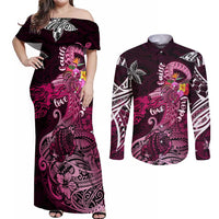 Breast Cancer Mermaid Polynesia Couples Matching Off Shoulder Maxi Dress and Long Sleeve Button Shirt Faith Hope Love