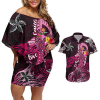 Breast Cancer Mermaid Polynesia Couples Matching Off Shoulder Short Dress and Hawaiian Shirt Faith Hope Love