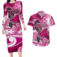 Breast Cancer Awareness Hawaii Couples Matching Long Sleeve Bodycon Dress and Hawaiian Shirt Polynesia Girl Nobody Fights Alone