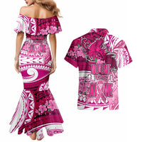 Breast Cancer Awareness Hawaii Couples Matching Mermaid Dress and Hawaiian Shirt Polynesia Girl Nobody Fights Alone