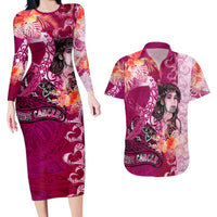 Breast Cancer New Zealand Couples Matching Long Sleeve Bodycon Dress and Hawaiian Shirt Maori Aotearoa Girl Pink Out