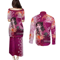 Breast Cancer New Zealand Couples Matching Puletasi and Long Sleeve Button Shirt Maori Aotearoa Girl Pink Out