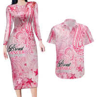 Breast Cancer Awareness Month Couples Matching Long Sleeve Bodycon Dress and Hawaiian Shirt Butterfly Polynesia Watercolor Pink