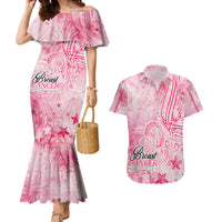 Breast Cancer Awareness Month Couples Matching Mermaid Dress and Hawaiian Shirt Butterfly Polynesia Watercolor Pink