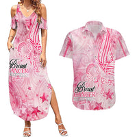 Breast Cancer Awareness Month Couples Matching Summer Maxi Dress and Hawaiian Shirt Butterfly Polynesia Watercolor Pink