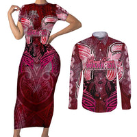 Breast Cancer Warrior Couples Matching Short Sleeve Bodycon Dress and Long Sleeve Button Shirt Angel Wings Polynesian Pattern DT02 Pink - Polynesian Pride