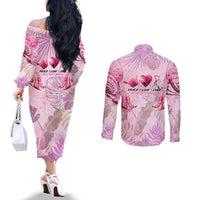 Breast Cancer Polynesian Couples Matching Off The Shoulder Long Sleeve Dress and Long Sleeve Button Shirt I Can Do All Things Through Christ