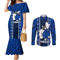 Guam Chamorro Warrior Couples Matching Mermaid Dress and Long Sleeve Button Shirts Traditional Tribal Patterns DT02 Blue - Polynesian Pride