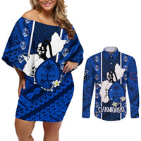 Guam Chamorro Warrior Couples Matching Off Shoulder Short Dress and Long Sleeve Button Shirts Traditional Tribal Patterns DT02 Blue - Polynesian Pride