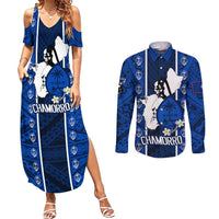 Guam Chamorro Warrior Couples Matching Summer Maxi Dress and Long Sleeve Button Shirts Traditional Tribal Patterns DT02 Blue - Polynesian Pride