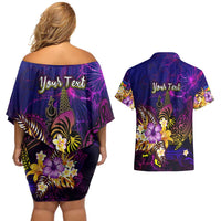 New Caledonia Couples Matching Off Shoulder Short Dress and Hawaiian Shirt Whale Hibiscus Polynesian