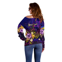 New Caledonia Off Shoulder Sweater Whale Hibiscus Polynesian
