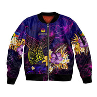 New Caledonia Sleeve Zip Bomber Jacket Whale Hibiscus Polynesian