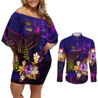 Tahiti French Polynesia Couples Matching Off Shoulder Short Dress and Long Sleeve Button Shirt Whale Hibiscus Polynesian