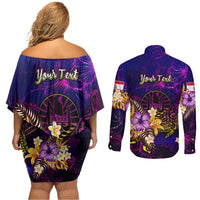 Tahiti French Polynesia Couples Matching Off Shoulder Short Dress and Long Sleeve Button Shirt Whale Hibiscus Polynesian