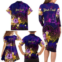 Tahiti French Polynesia Family Matching Long Sleeve Bodycon Dress and Hawaiian Shirt Whale Hibiscus Polynesian