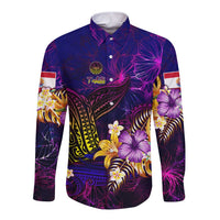 Tahiti French Polynesia Long Sleeve Button Shirt Whale Hibiscus Polynesian