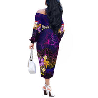Tahiti French Polynesia Off The Shoulder Long Sleeve Dress Whale Hibiscus Polynesian