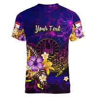 Tahiti French Polynesia Women V-Neck T-Shirt Whale Hibiscus Polynesian