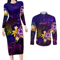 Cook Islands Couples Matching Long Sleeve Bodycon Dress and Long Sleeve Button Shirt Whale Hibiscus Polynesian DT02 Purple - Polynesian Pride