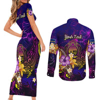 Nauru Couples Matching Short Sleeve Bodycon Dress and Long Sleeve Button Shirt Whale Hibiscus Polynesian