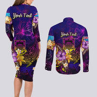 Tuvalu Couples Matching Long Sleeve Bodycon Dress and Long Sleeve Button Shirt Whale Hibiscus Polynesian