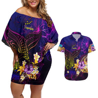 Tuvalu Couples Matching Off Shoulder Short Dress and Hawaiian Shirt Whale Hibiscus Polynesian