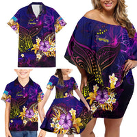 Tuvalu Family Matching Off Shoulder Short Dress and Hawaiian Shirt Whale Hibiscus Polynesian