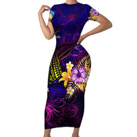 Tuvalu Short Sleeve Bodycon Dress Whale Hibiscus Polynesian