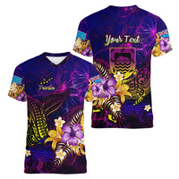 Tuvalu Women V-Neck T-Shirt Whale Hibiscus Polynesian