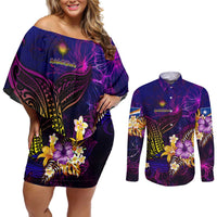 Marshall Islands Couples Matching Off Shoulder Short Dress and Long Sleeve Button Shirt Whale Hibiscus Polynesian