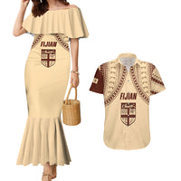 Fiji Bula Couples Matching Mermaid Dress and Hawaiian Shirt Tapa Pattern Design DT02 Beige - Polynesian Pride