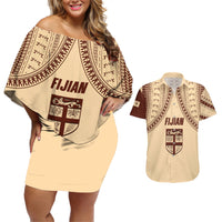 Fiji Bula Couples Matching Off Shoulder Short Dress and Hawaiian Shirt Tapa Pattern Design DT02 Beige - Polynesian Pride