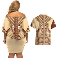 Fiji Bula Couples Matching Off Shoulder Short Dress and Hawaiian Shirt Tapa Pattern Design DT02 - Polynesian Pride
